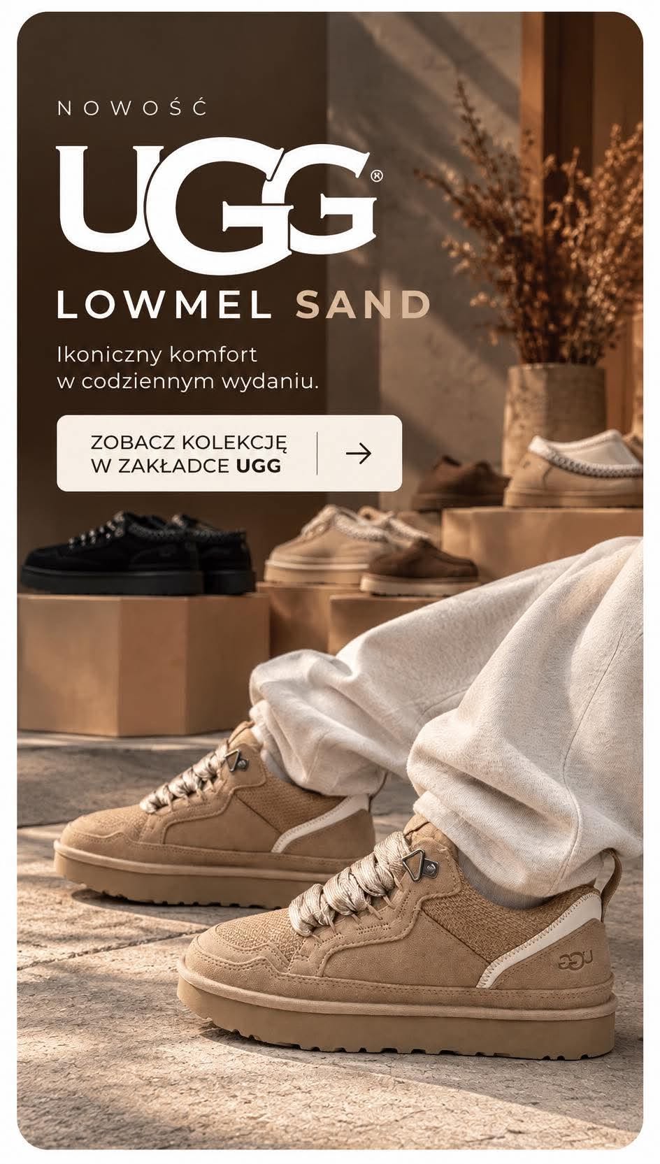 Beżowe buty UGG Lowmel Sand na nogach modelki – sneakersy UGG z grubą podeszwą dostępne w MiniJordan.